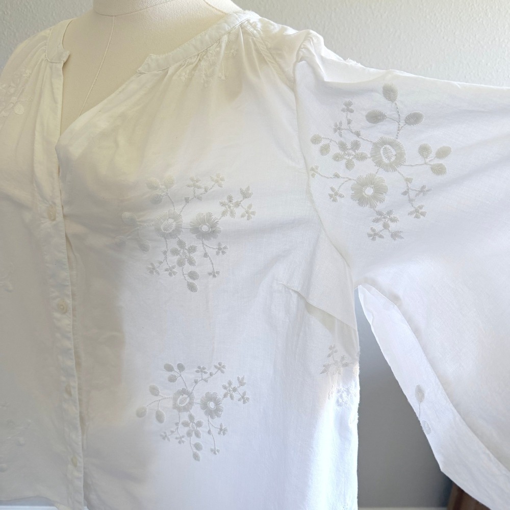 White Embroidered Button-Down Relaxed Summer Resort Blouse XL - Picture 3 of 9